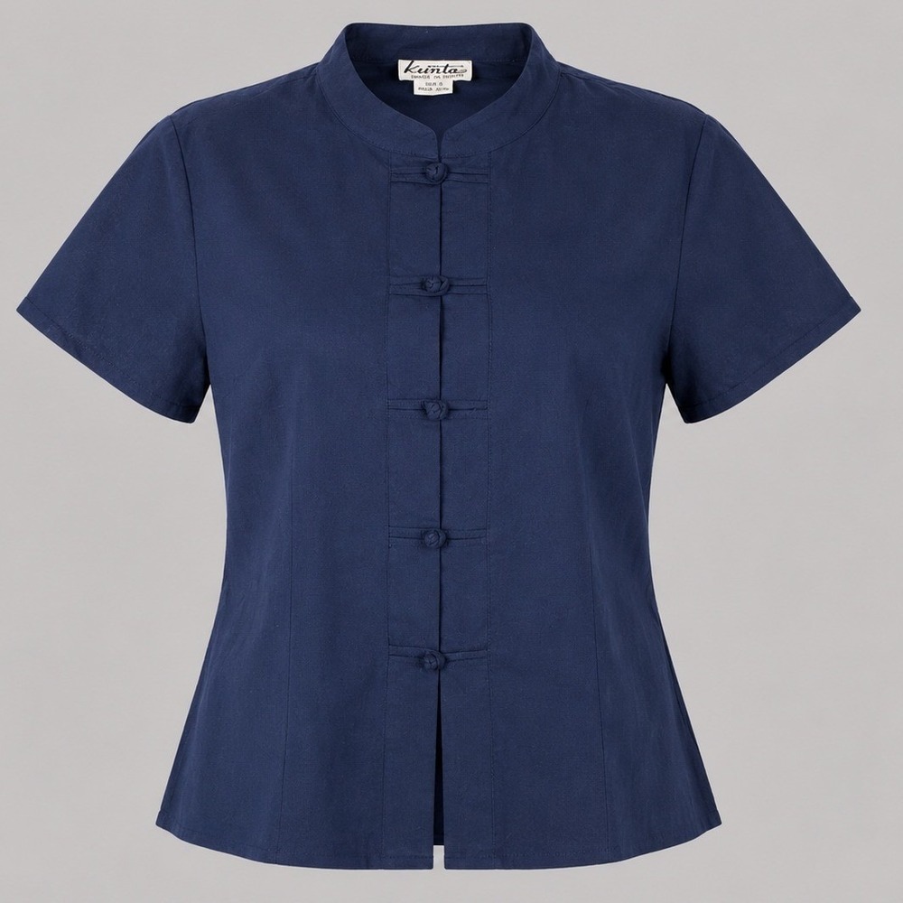 Vintage Y2K Kunto 100% Silk Mandarin Collar Blouse Navy Blue Womens Small NWT